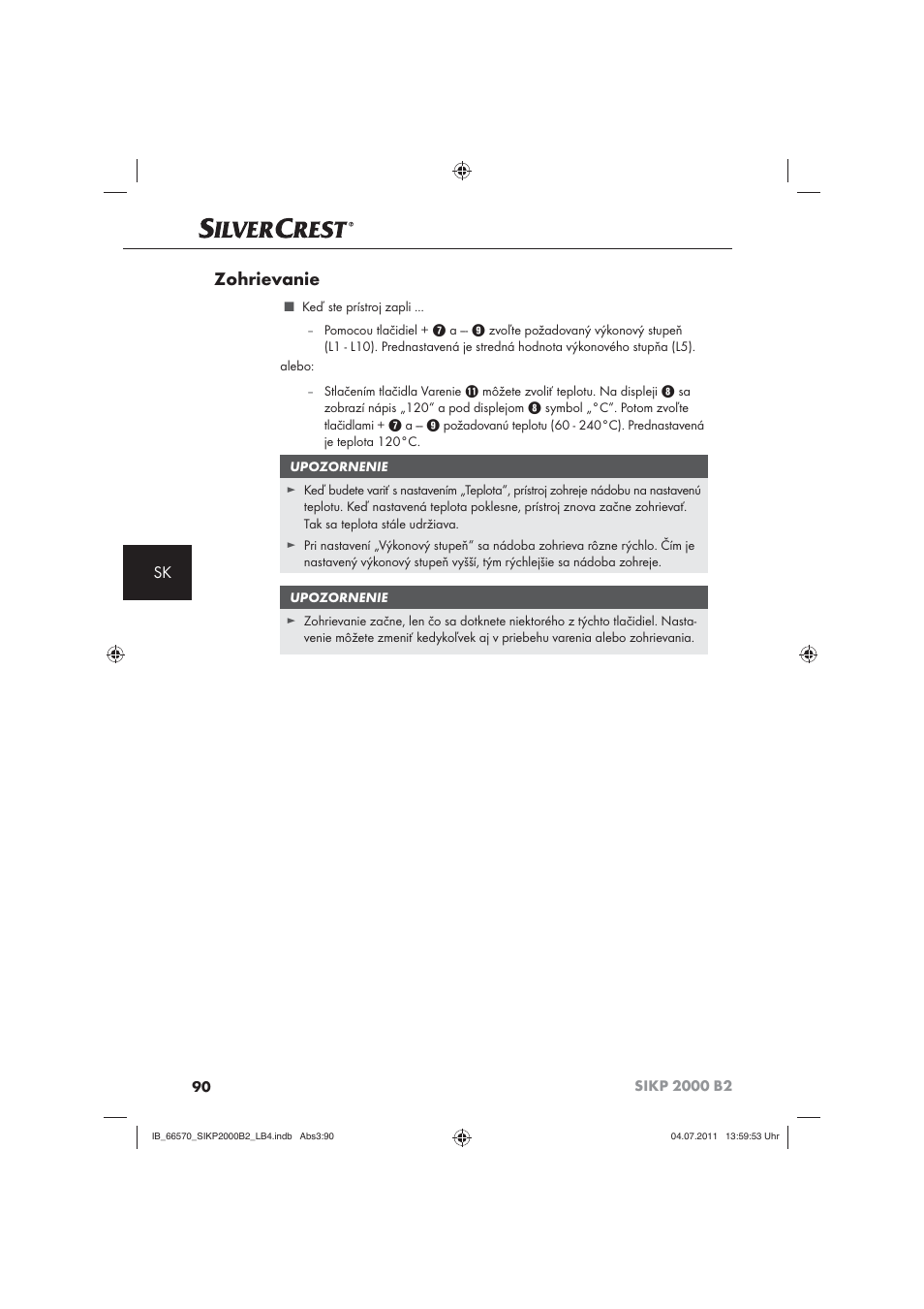 Zohrievanie | Silvercrest SIKP 2000 B2 User Manual | Page 92 / 113