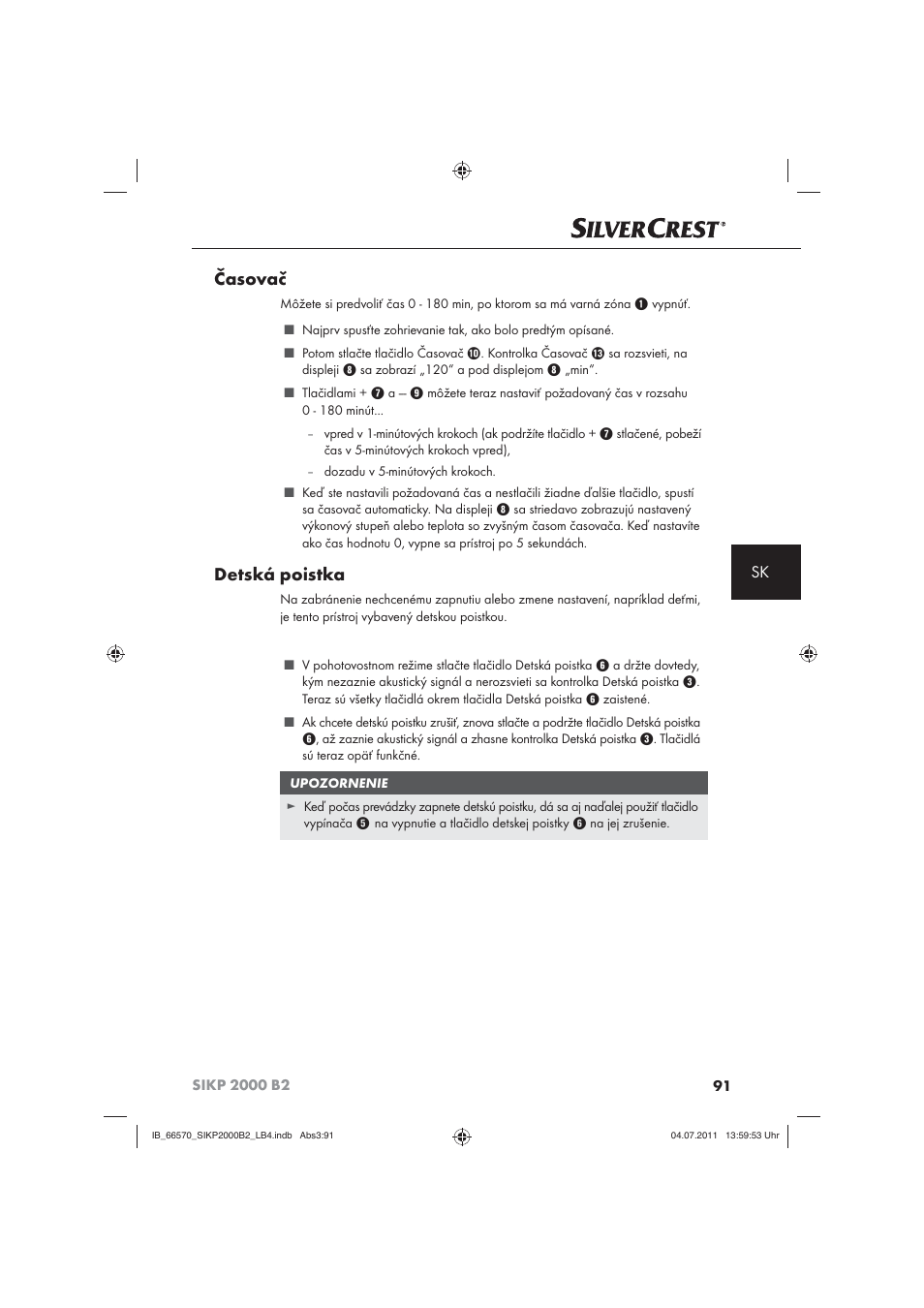 Časovač, Detská poistka | Silvercrest SIKP 2000 B2 User Manual | Page 93 / 113