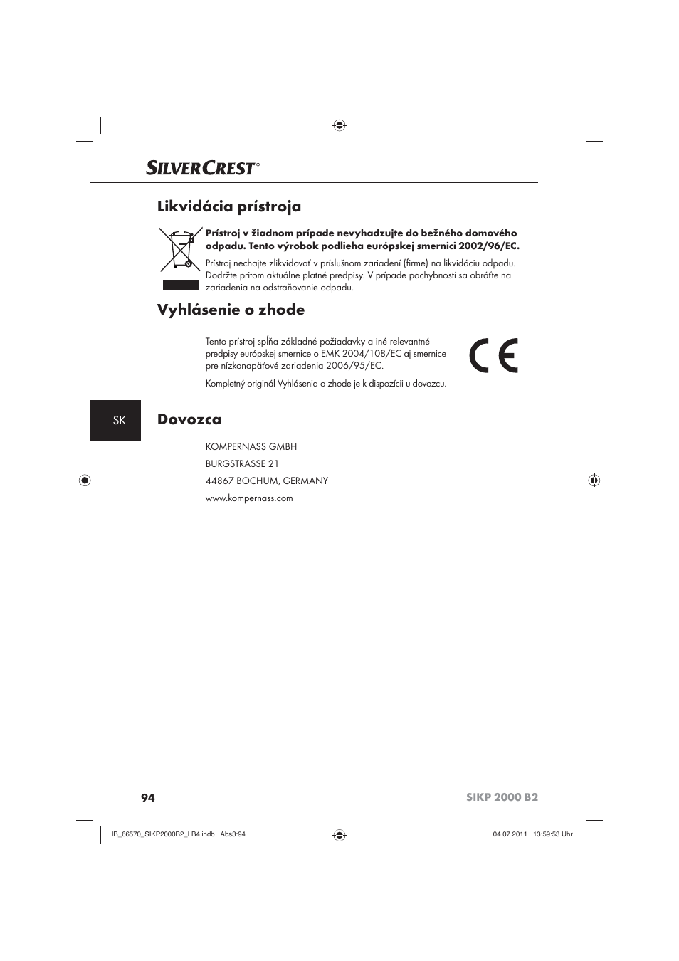 Likvidácia prístroja, Vyhlásenie o zhode, Dovozca | Silvercrest SIKP 2000 B2 User Manual | Page 96 / 113