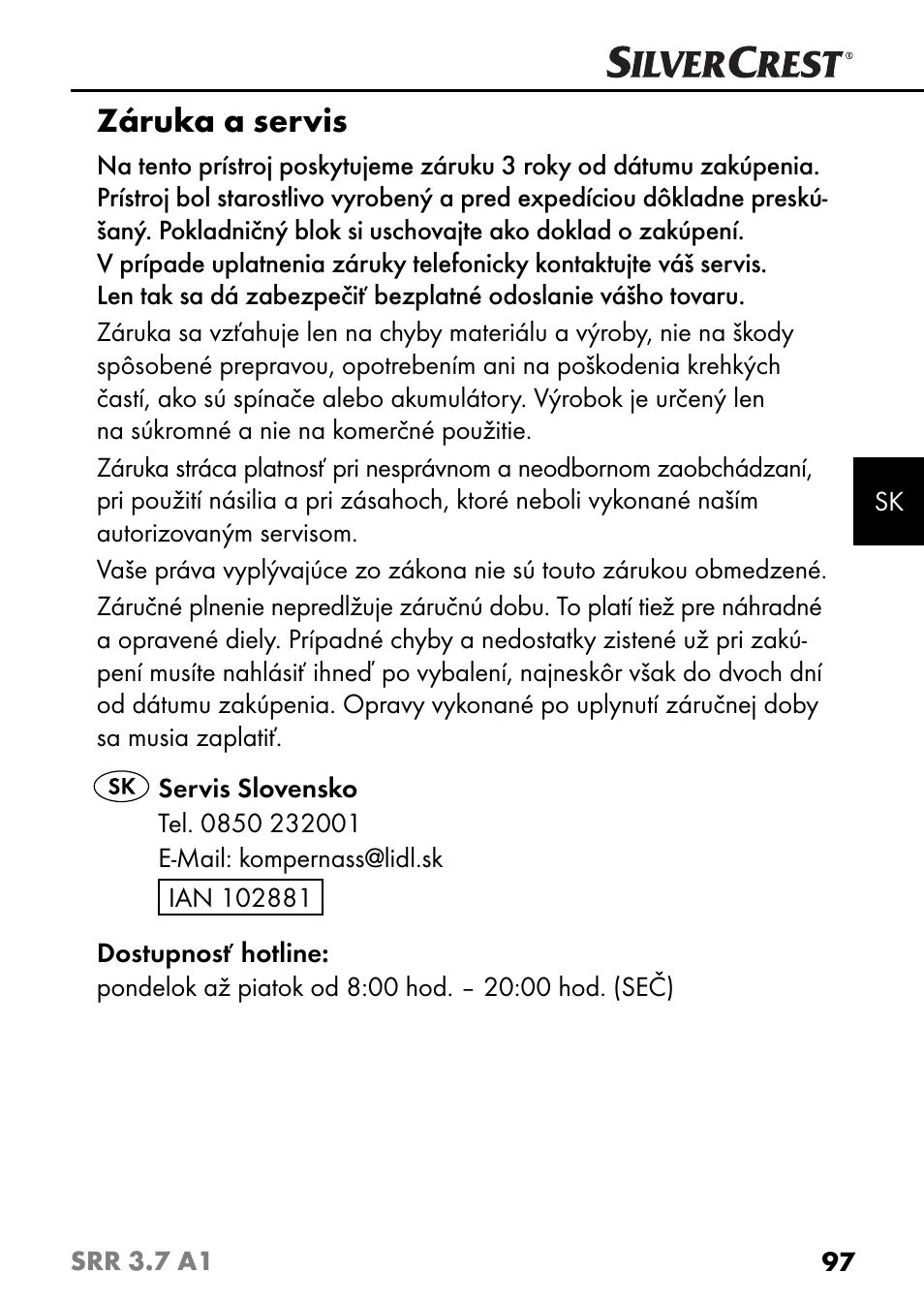 Záruka a servis | Silvercrest SRR 3.7 A1 User Manual | Page 101 / 125
