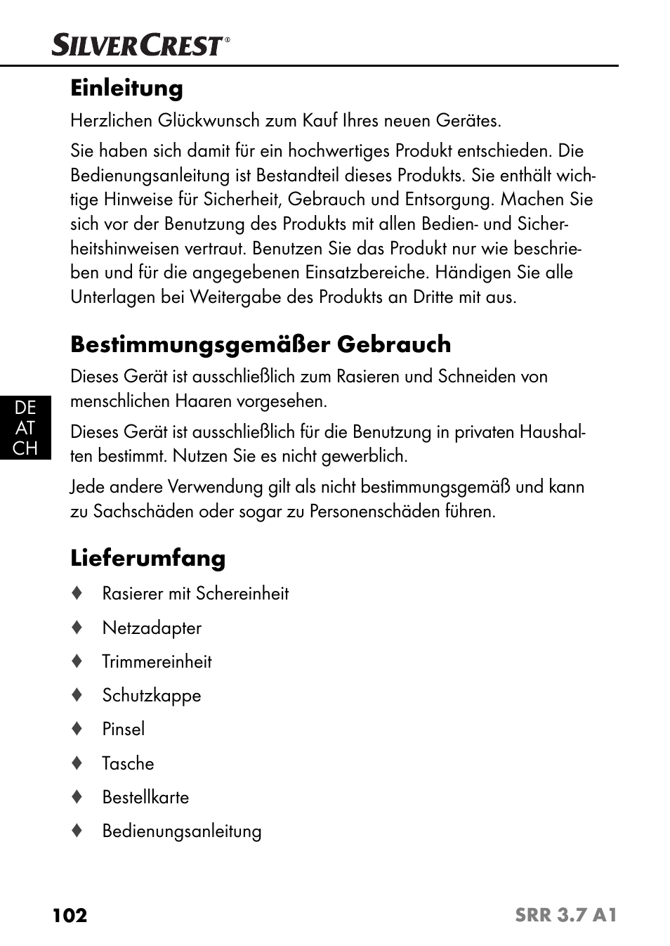 Einleitung, Bestimmungsgemäßer gebrauch, Lieferumfang | Silvercrest SRR 3.7 A1 User Manual | Page 106 / 125