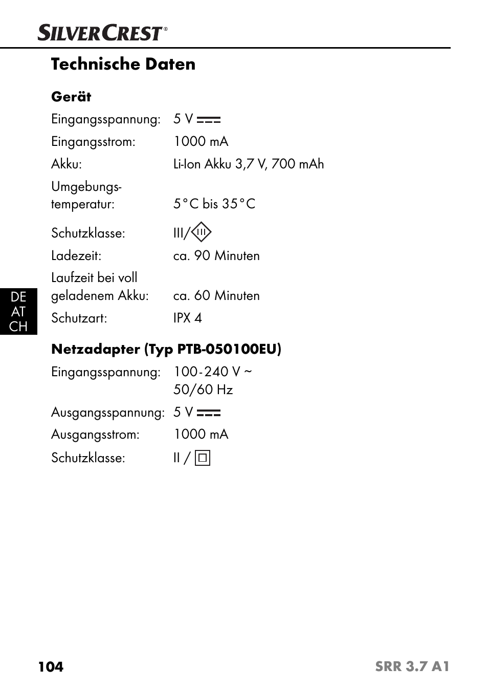 Technische daten | Silvercrest SRR 3.7 A1 User Manual | Page 108 / 125