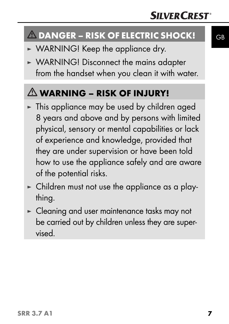 Danger – risk of electric shock, Warning! keep the appliance dry | Silvercrest SRR 3.7 A1 User Manual | Page 11 / 125