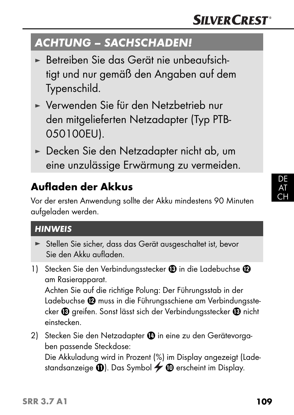 Achtung – sachschaden, Auﬂ aden der akkus | Silvercrest SRR 3.7 A1 User Manual | Page 113 / 125