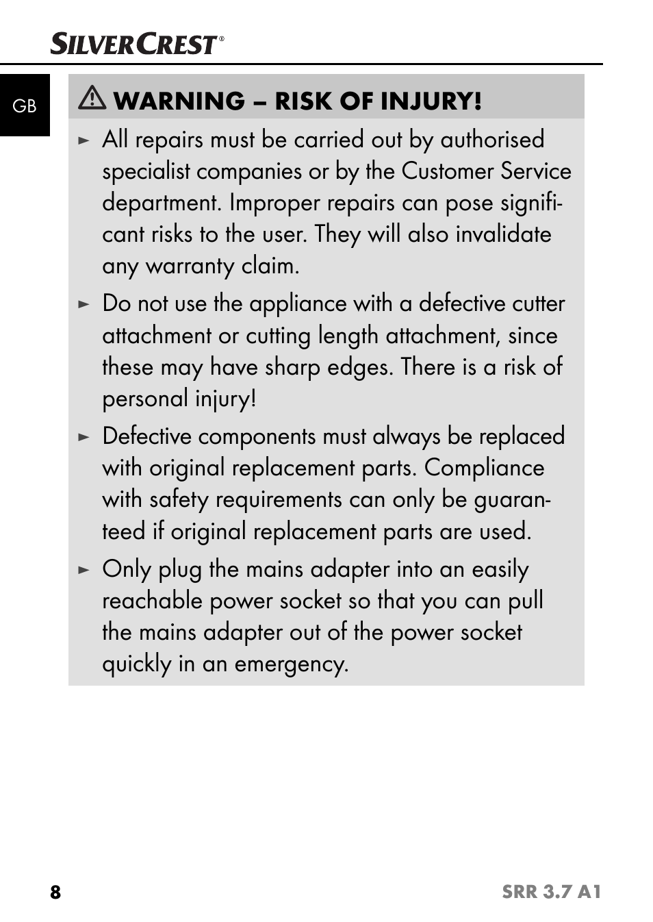 Warning – risk of injury | Silvercrest SRR 3.7 A1 User Manual | Page 12 / 125