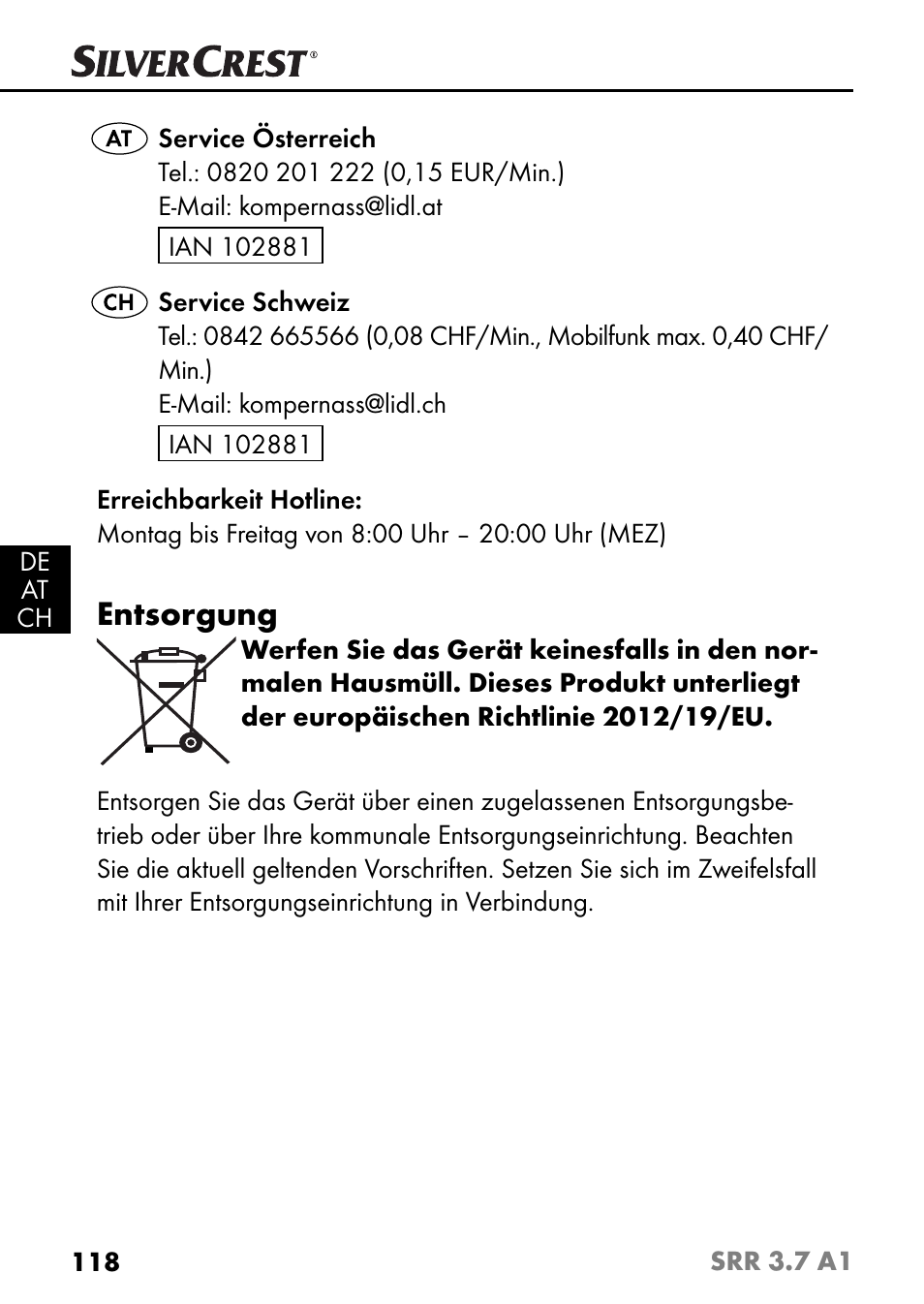 Entsorgung | Silvercrest SRR 3.7 A1 User Manual | Page 122 / 125
