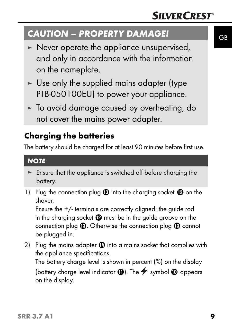 Caution – property damage, Charging the batteries | Silvercrest SRR 3.7 A1 User Manual | Page 13 / 125