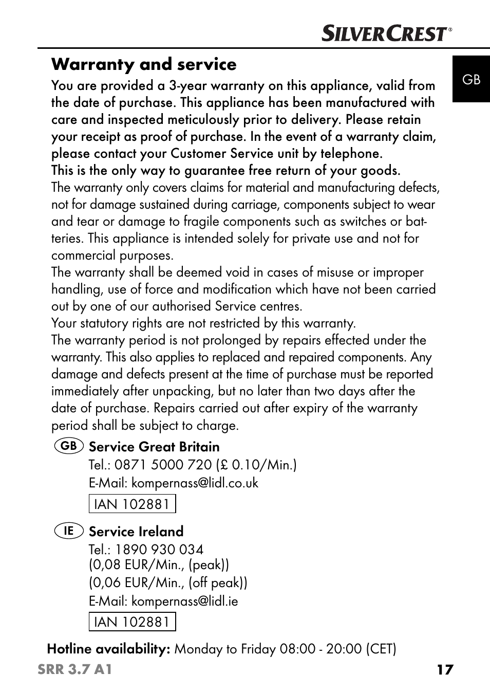 Warranty and service | Silvercrest SRR 3.7 A1 User Manual | Page 21 / 125