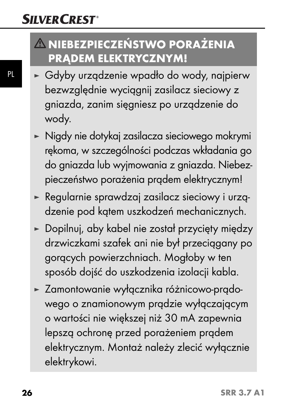 Niebezpieczeństwo porażenia prądem elektrycznym | Silvercrest SRR 3.7 A1 User Manual | Page 30 / 125