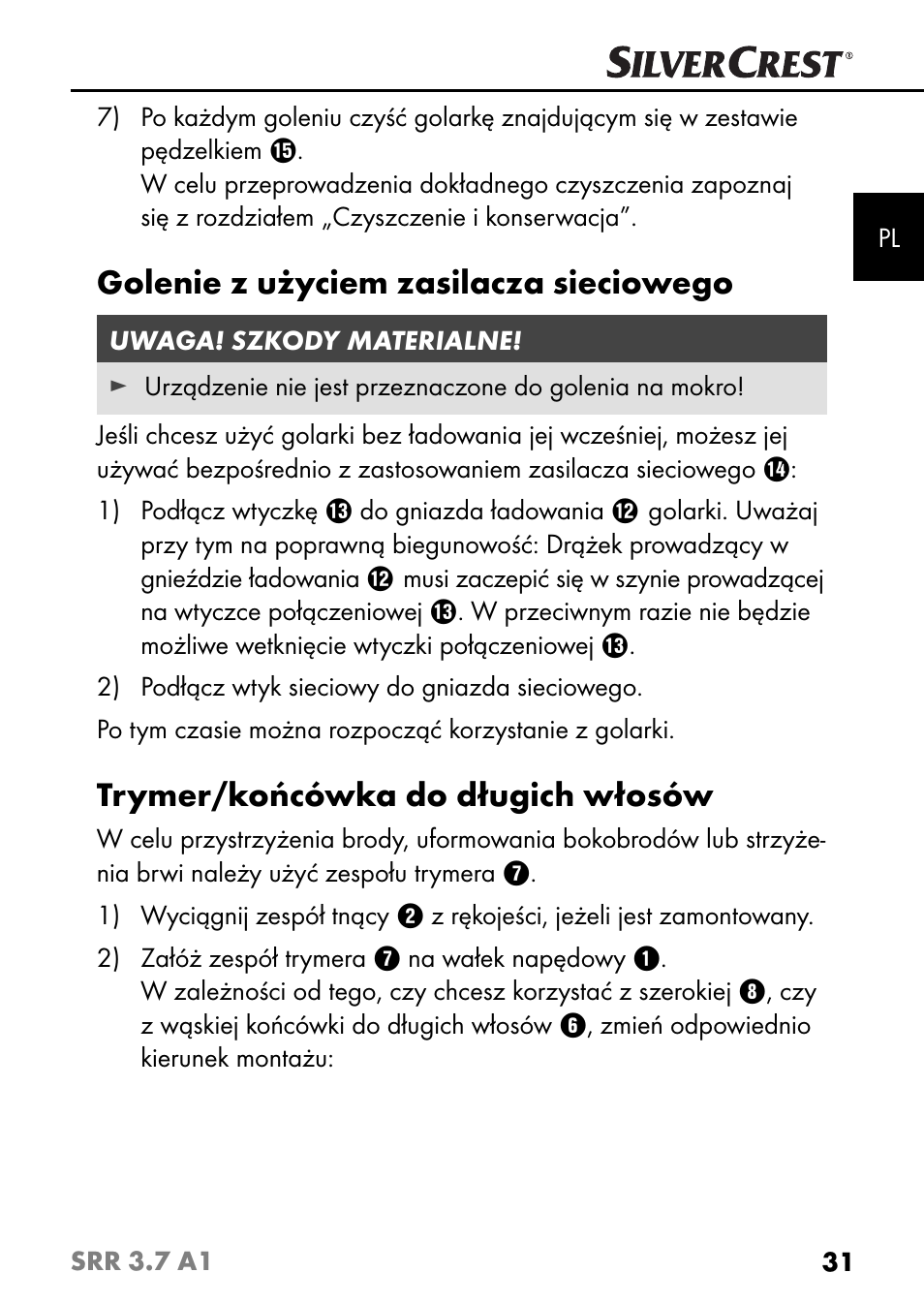 Golenie z użyciem zasilacza sieciowego, Trymer/końcówka do długich włosów | Silvercrest SRR 3.7 A1 User Manual | Page 35 / 125