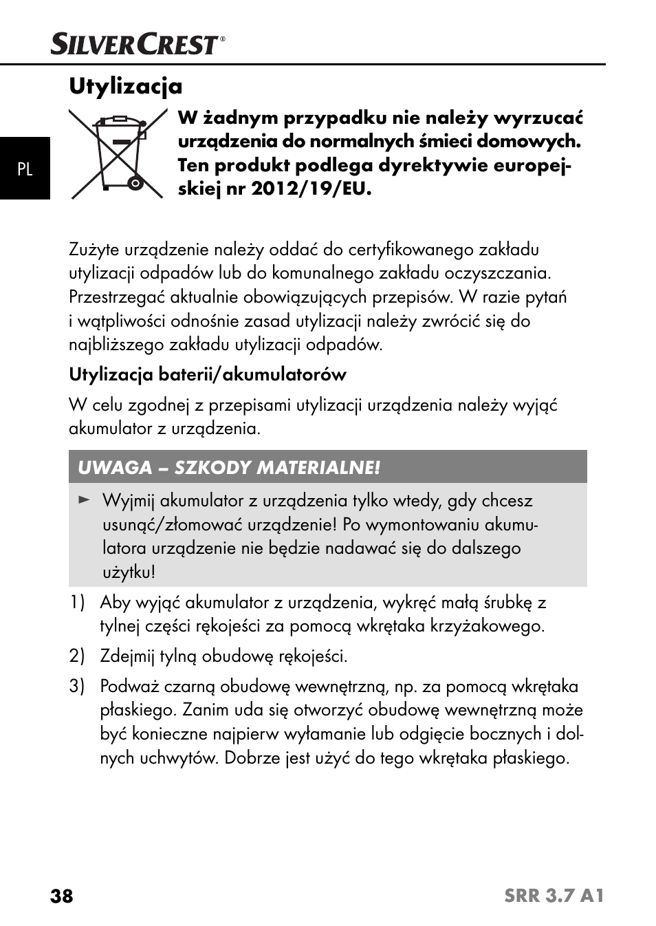 Utylizacja | Silvercrest SRR 3.7 A1 User Manual | Page 42 / 125