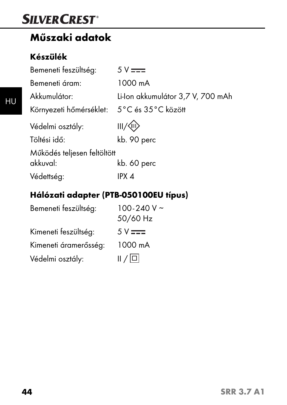 Műszaki adatok | Silvercrest SRR 3.7 A1 User Manual | Page 48 / 125