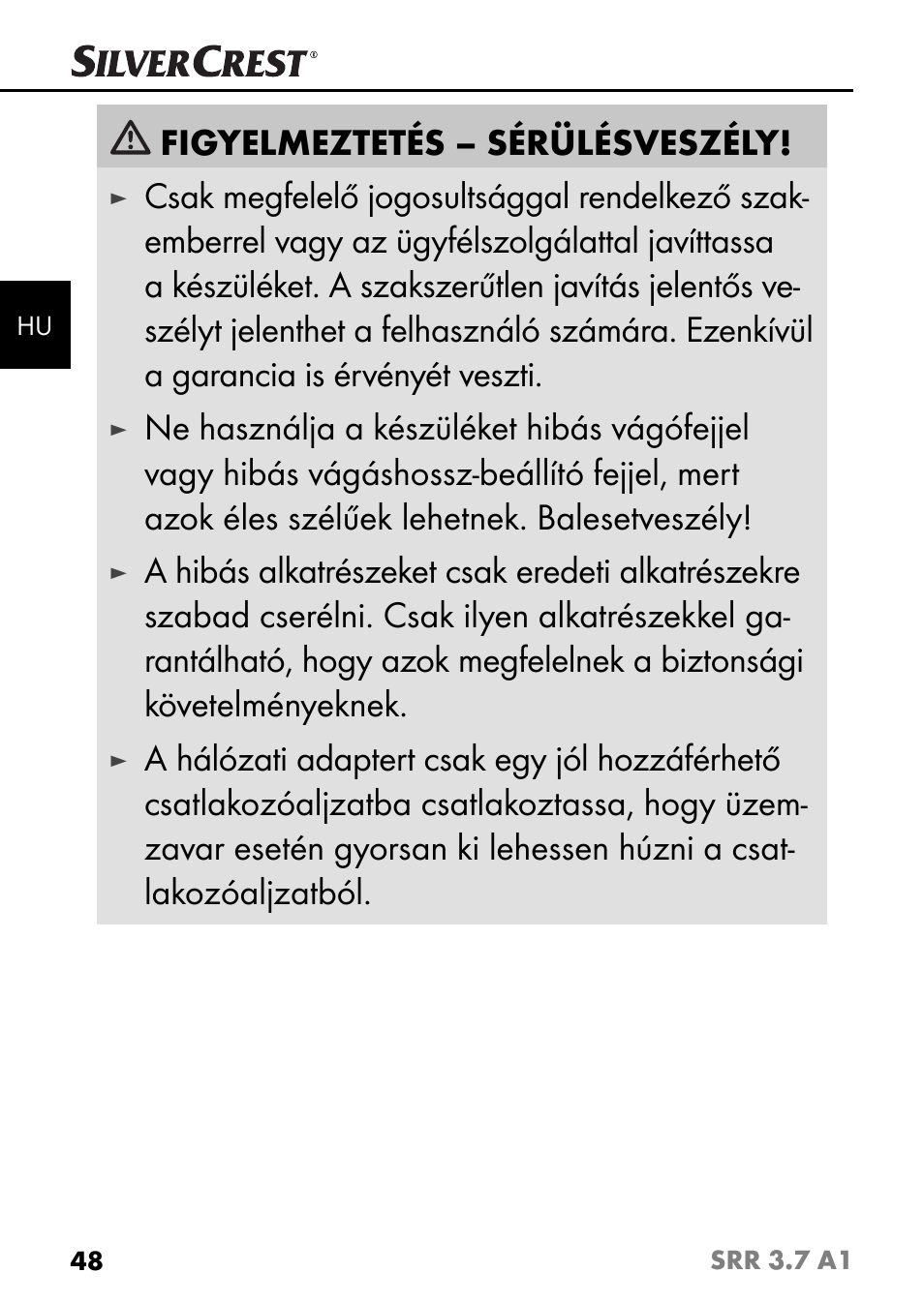 Figyelmeztetés – sérülésveszély | Silvercrest SRR 3.7 A1 User Manual | Page 52 / 125