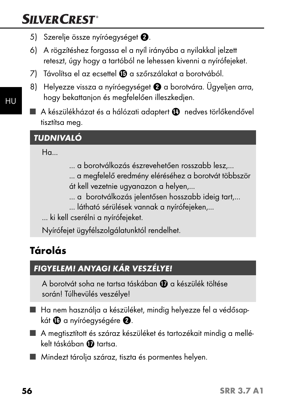 Tárolás | Silvercrest SRR 3.7 A1 User Manual | Page 60 / 125