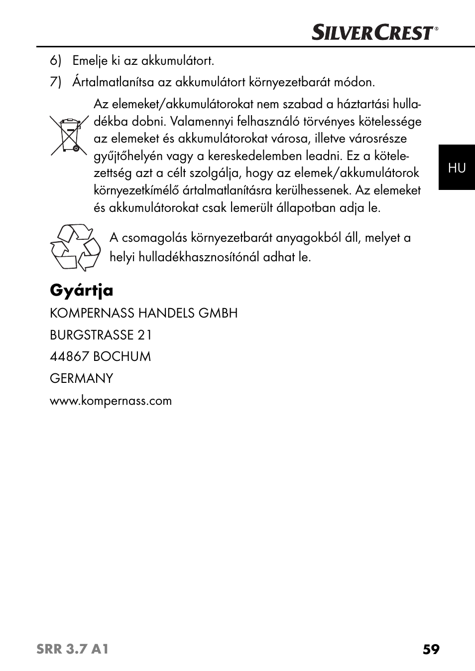Gyártja | Silvercrest SRR 3.7 A1 User Manual | Page 63 / 125