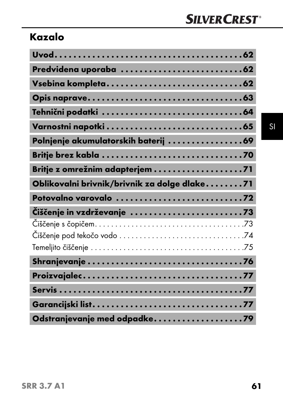 Kazalo | Silvercrest SRR 3.7 A1 User Manual | Page 65 / 125