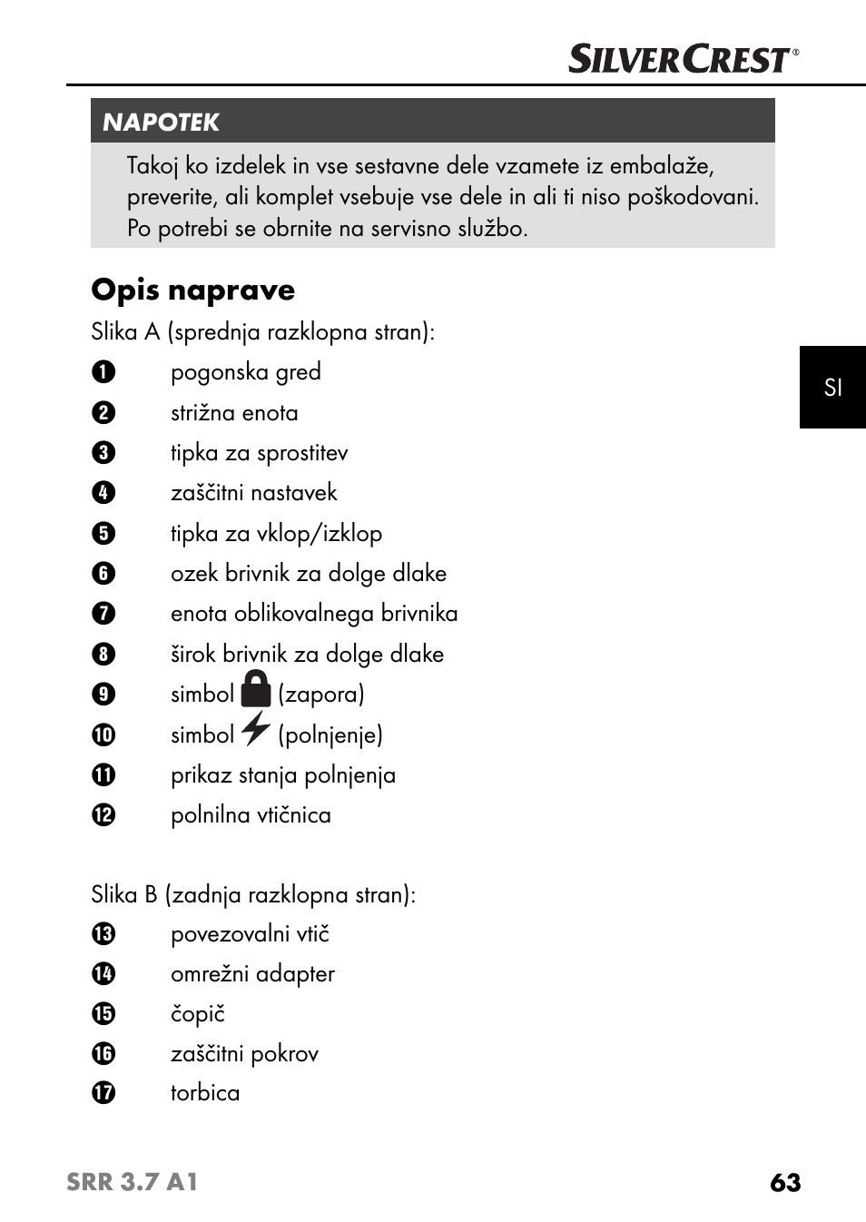 Opis naprave | Silvercrest SRR 3.7 A1 User Manual | Page 67 / 125