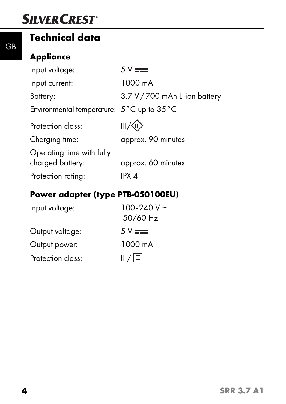 Technical data | Silvercrest SRR 3.7 A1 User Manual | Page 8 / 125