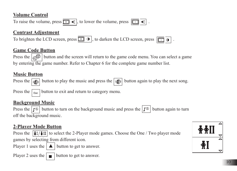 Volume control, Contrast adjustment, Game code button | Music button, Background music, Player mode button | Silvercrest M574 User Manual | Page 13 / 33