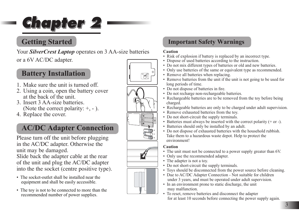 Chapter 2, Getting started, Battery installation | Ac/dc adapter connection | Silvercrest M574 User Manual | Page 6 / 33