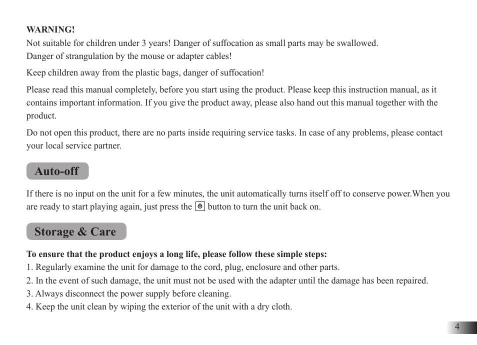 Auto-off, Storage & care | Silvercrest M574 User Manual | Page 7 / 33