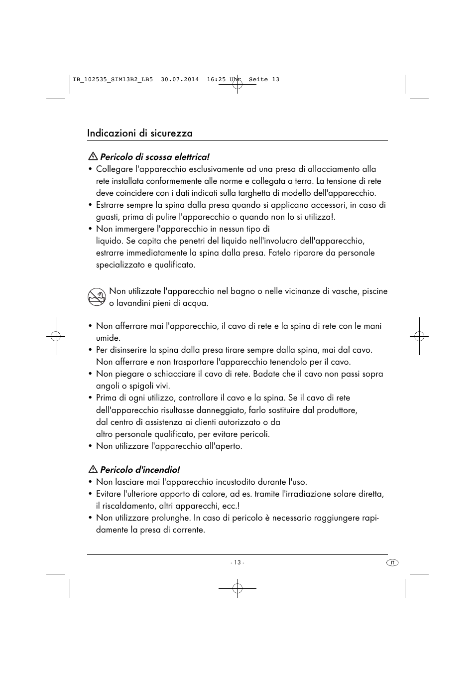 Indicazioni di sicurezza | Silvercrest SIM 13 B2 User Manual | Page 16 / 43