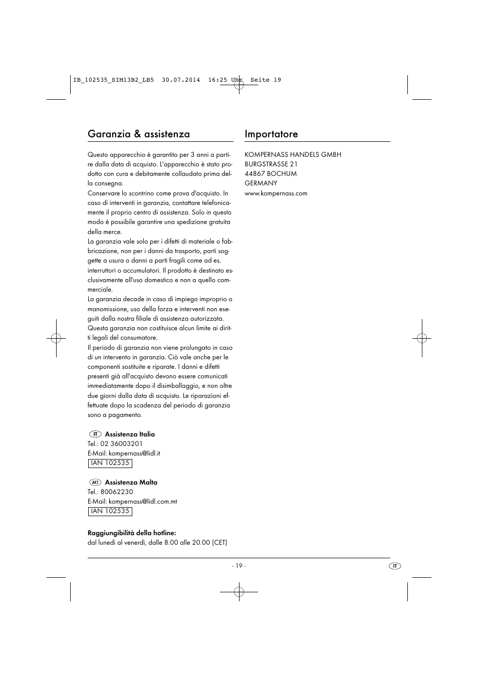 Garanzia & assistenza, Importatore | Silvercrest SIM 13 B2 User Manual | Page 22 / 43