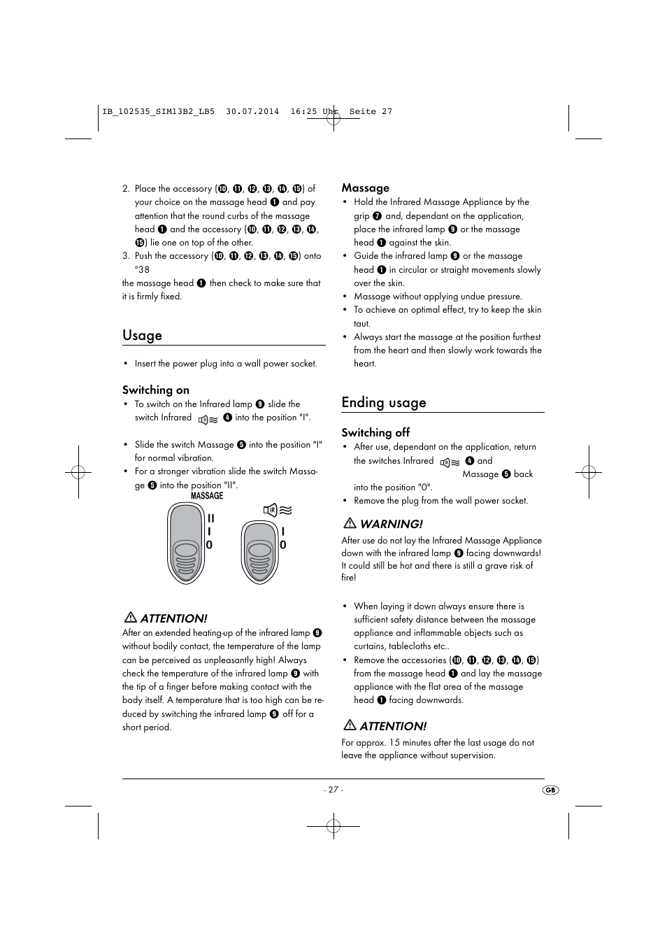 Usage, Ending usage, Switching on | Attention, Massage, Switching off, Warning | Silvercrest SIM 13 B2 User Manual | Page 30 / 43