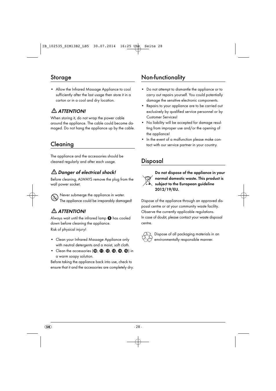 Storage, Cleaning, Non-functionality | Disposal | Silvercrest SIM 13 B2 User Manual | Page 31 / 43