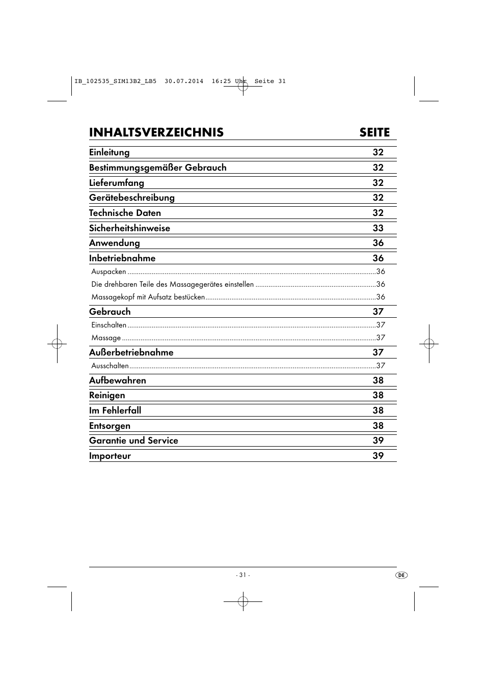 Inhaltsverzeichnis seite | Silvercrest SIM 13 B2 User Manual | Page 34 / 43