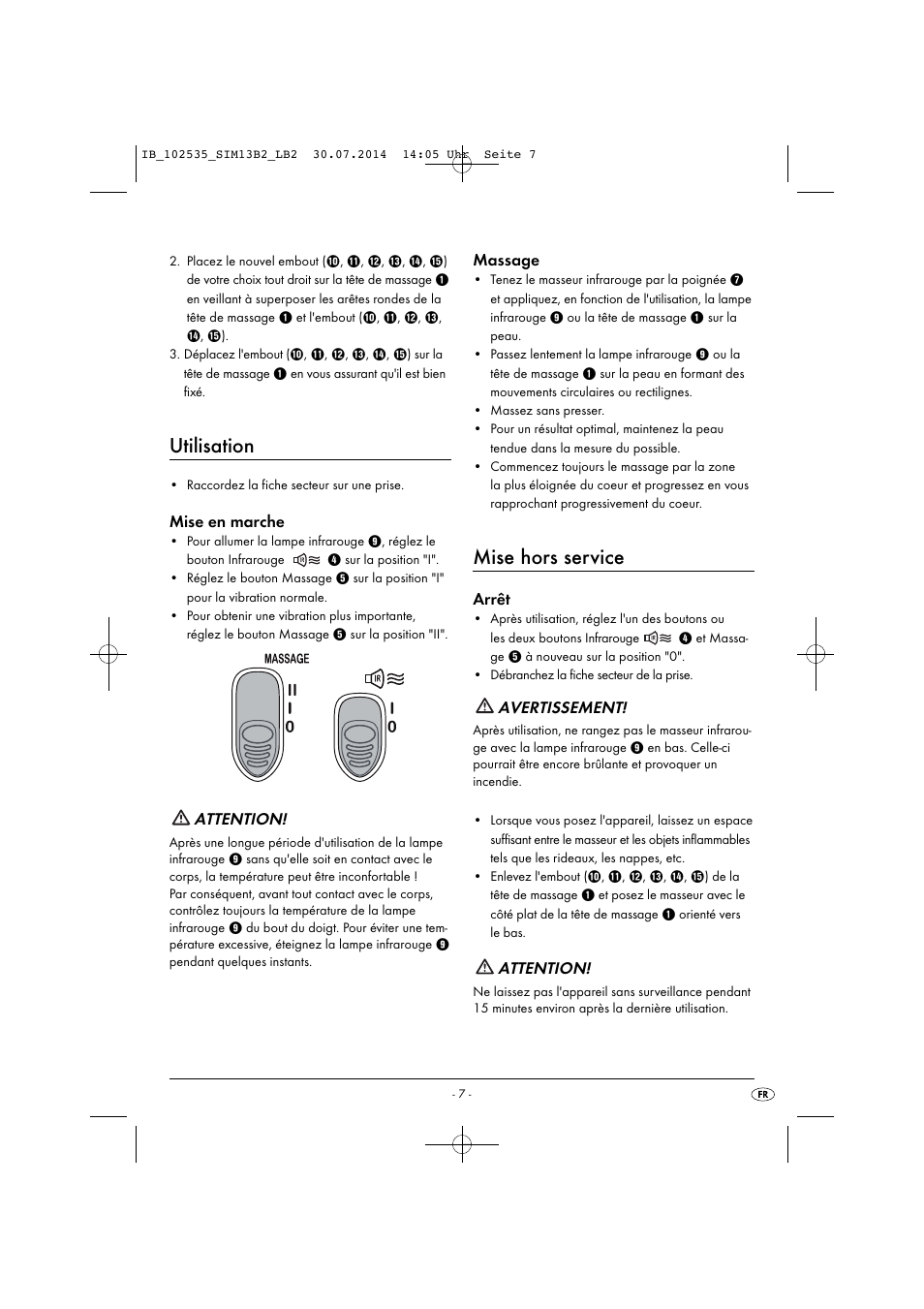 Utilisation, Mise hors service, Mise en marche | Attention, Massage, Arrêt, Avertissement | Silvercrest SIM 13 B2 User Manual | Page 10 / 33