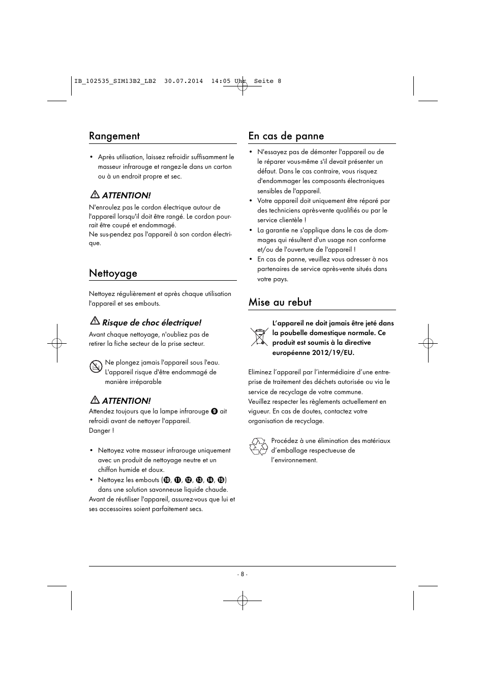 Rangement, Nettoyage, En cas de panne | Mise au rebut | Silvercrest SIM 13 B2 User Manual | Page 11 / 33