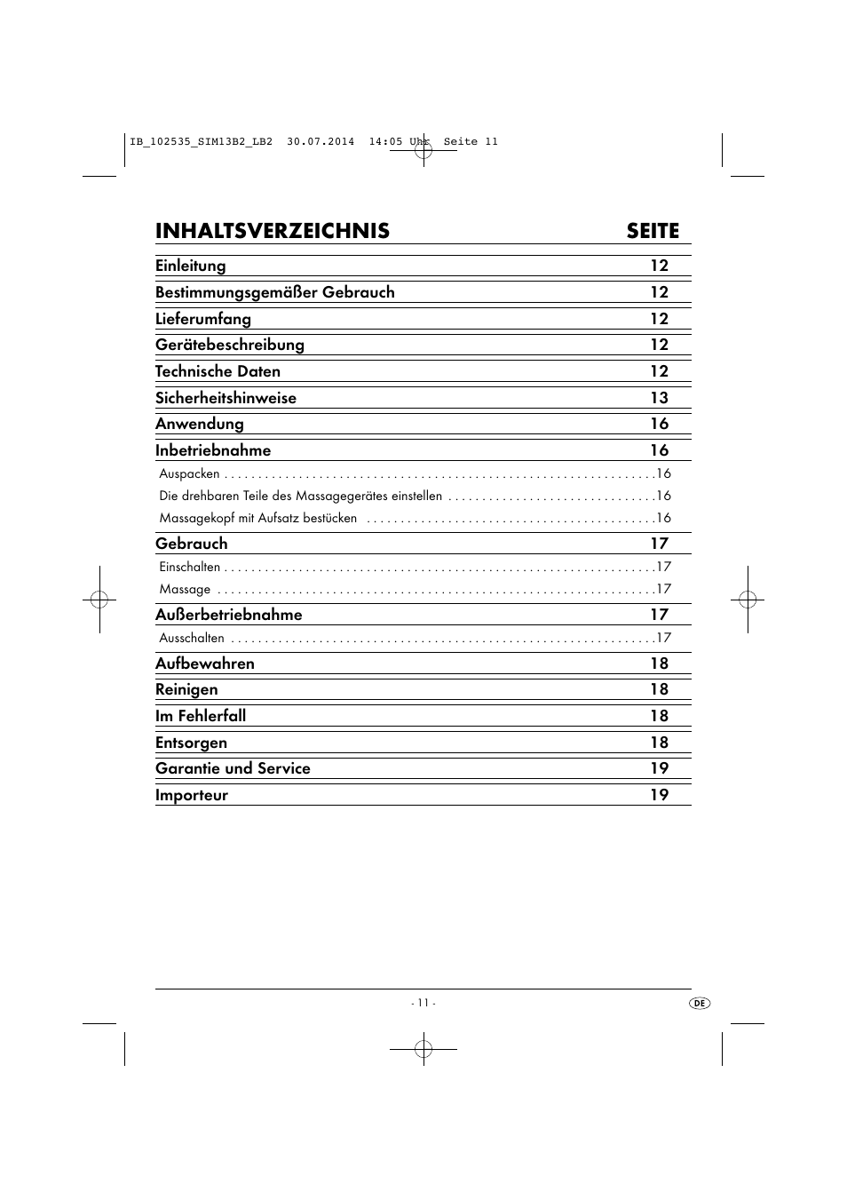 Inhaltsverzeichnis seite | Silvercrest SIM 13 B2 User Manual | Page 14 / 33