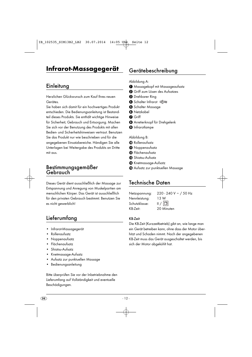 Infrarot-massagegerät, Einleitung, Bestimmungsgemäßer gebrauch | Lieferumfang, Gerätebeschreibung, Technische daten | Silvercrest SIM 13 B2 User Manual | Page 15 / 33