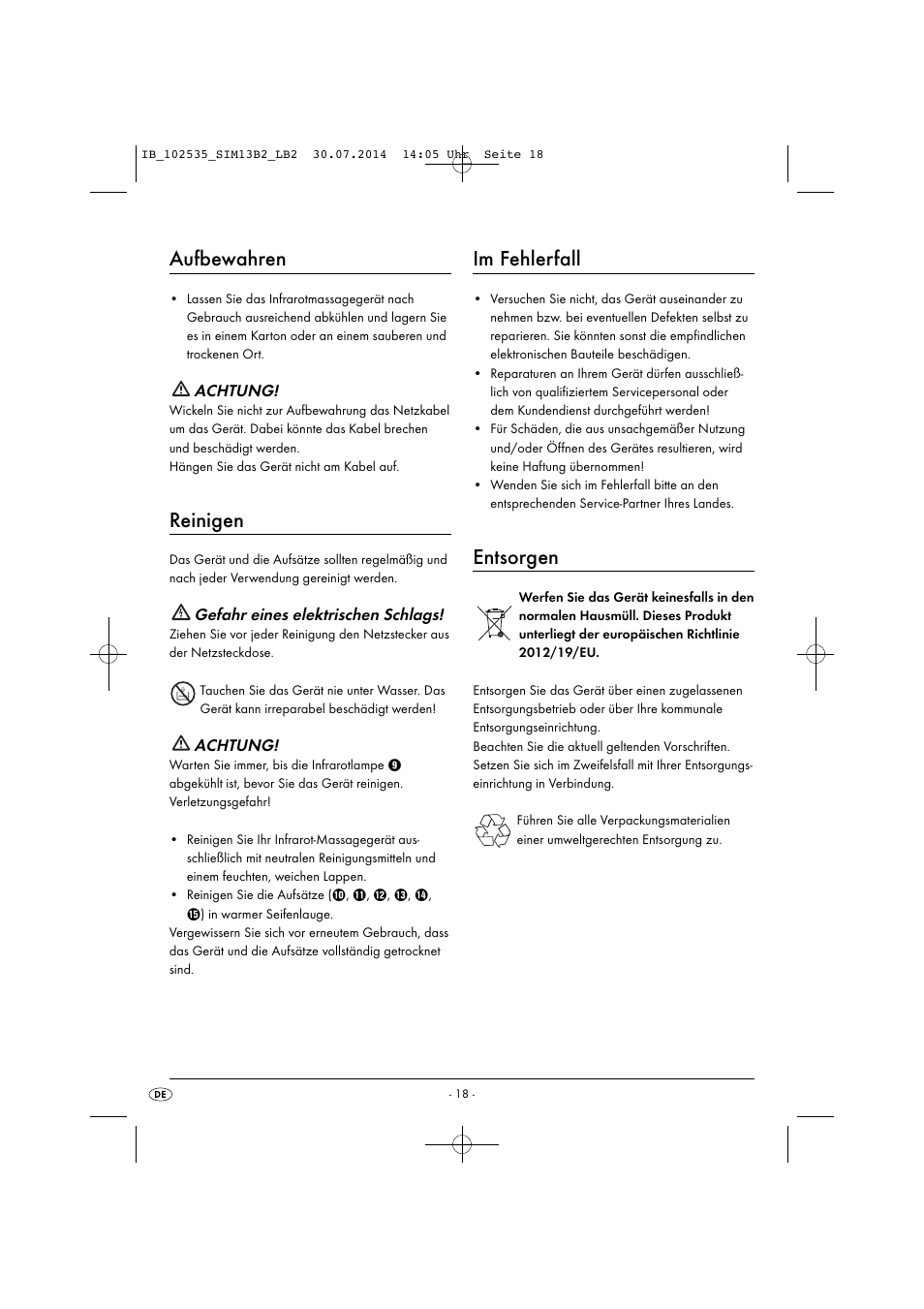 Aufbewahren, Reinigen, Im fehlerfall | Entsorgen | Silvercrest SIM 13 B2 User Manual | Page 21 / 33