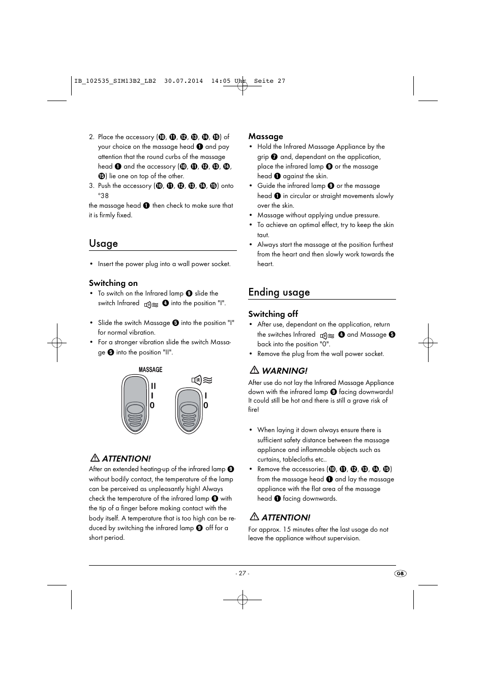 Usage, Ending usage, Switching on | Attention, Massage, Switching off, Warning | Silvercrest SIM 13 B2 User Manual | Page 30 / 33