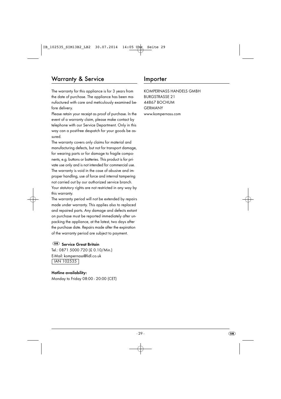 Warranty & service, Importer | Silvercrest SIM 13 B2 User Manual | Page 32 / 33