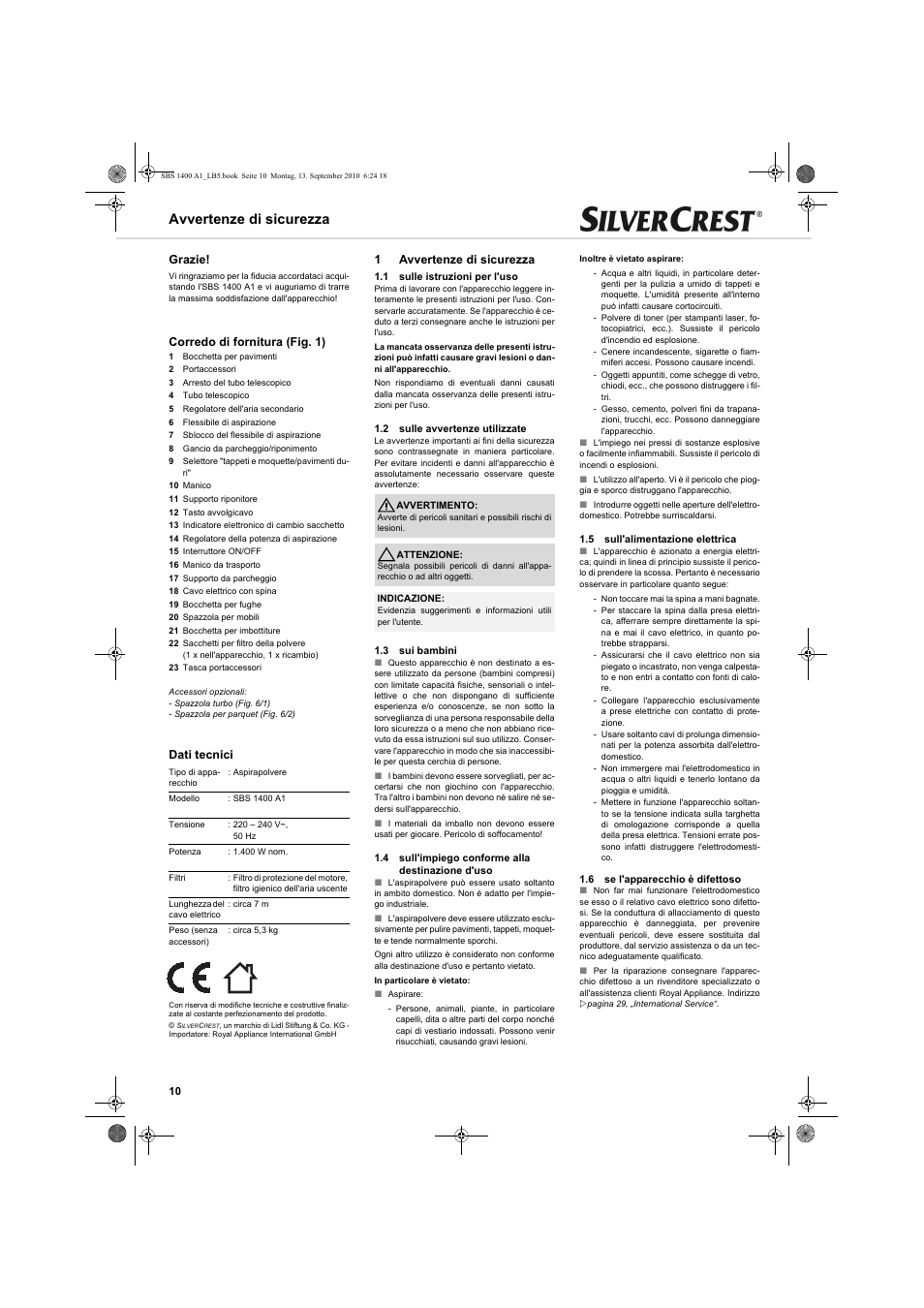 Avvertenze di sicurezza, Grazie, Corredo di fornitura (fig. 1) | Dati tecnici, 1avvertenze di sicurezza | Silvercrest SBS 1400 A1 User Manual | Page 10 / 30