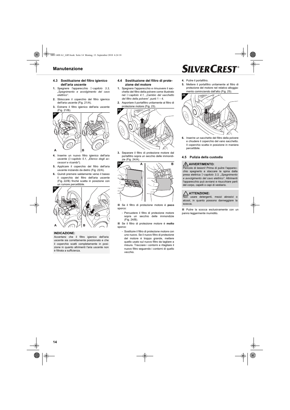 Manutenzione | Silvercrest SBS 1400 A1 User Manual | Page 14 / 30