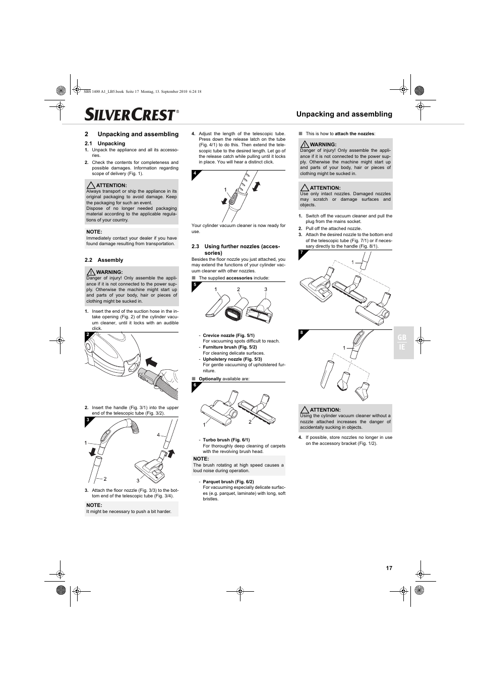 Gb ie, Unpacking and assembling, 2unpacking and assembling | Silvercrest SBS 1400 A1 User Manual | Page 17 / 30