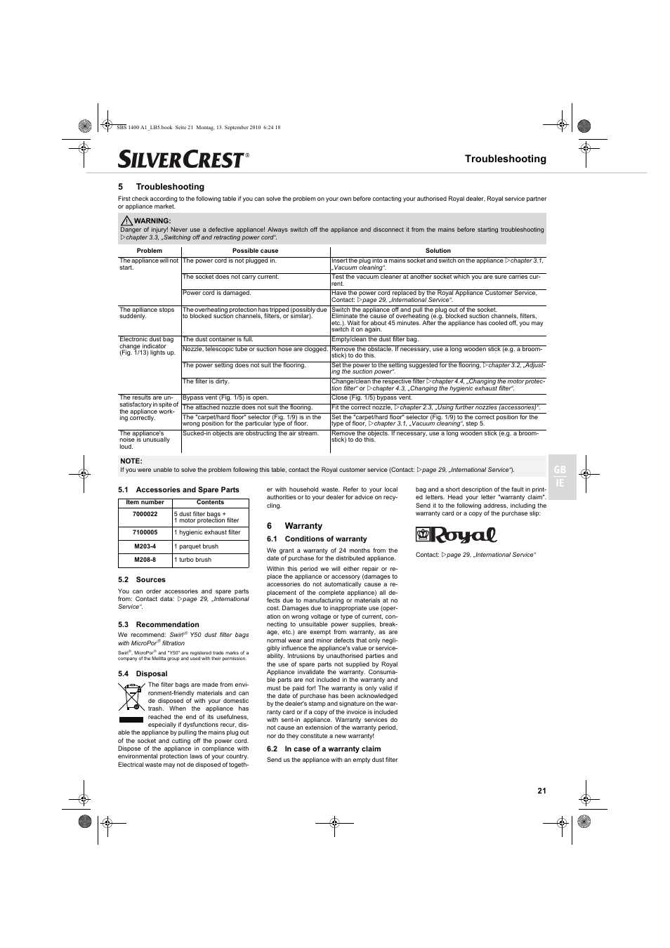 Gb ie, Troubleshooting, 5troubleshooting | 6warranty | Silvercrest SBS 1400 A1 User Manual | Page 21 / 30