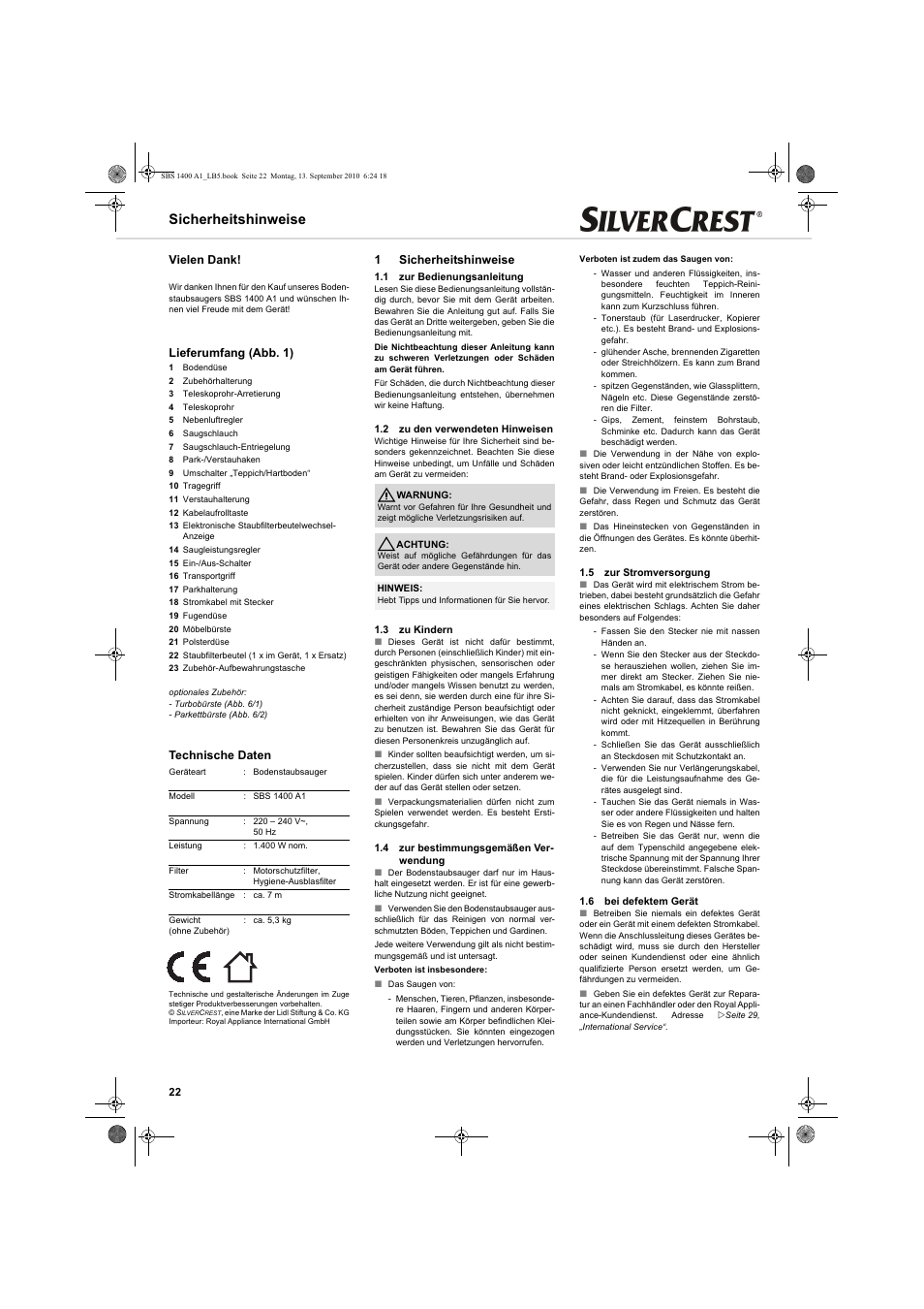 Sicherheitshinweise, Vielen dank, Lieferumfang (abb. 1) | Technische daten, 1sicherheitshinweise | Silvercrest SBS 1400 A1 User Manual | Page 22 / 30