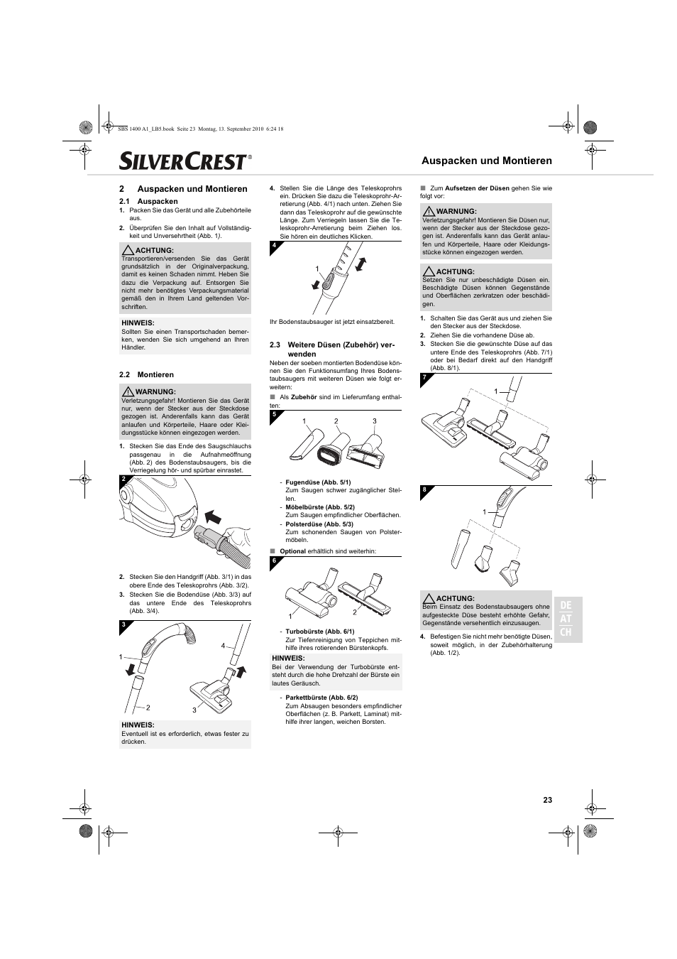 De at ch, Auspacken und montieren, 2auspacken und montieren | Silvercrest SBS 1400 A1 User Manual | Page 23 / 30