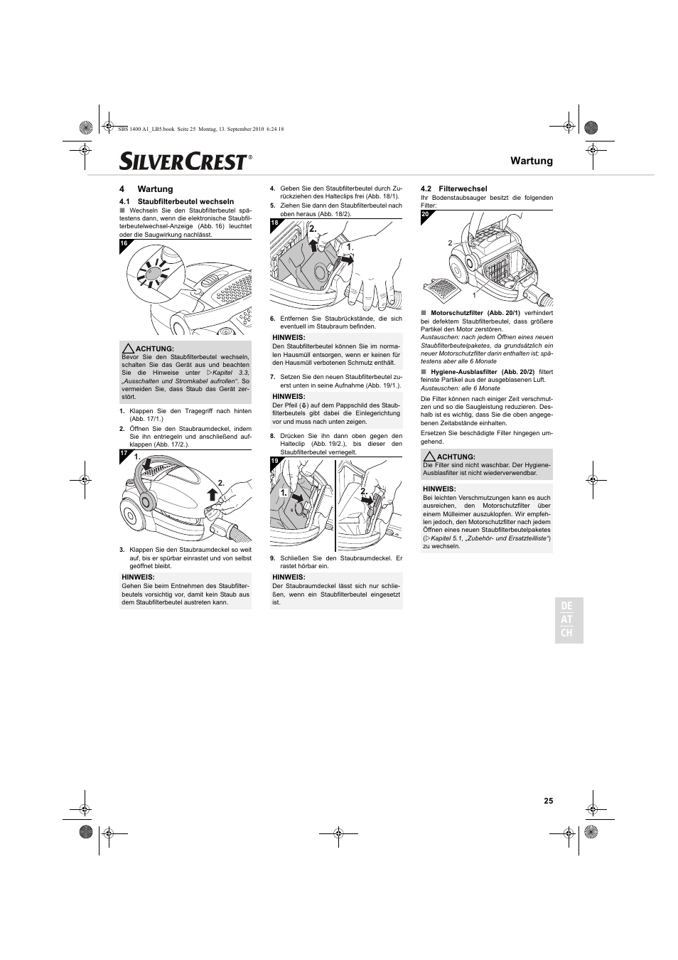 De at ch, Wartung, 4wartung | Silvercrest SBS 1400 A1 User Manual | Page 25 / 30