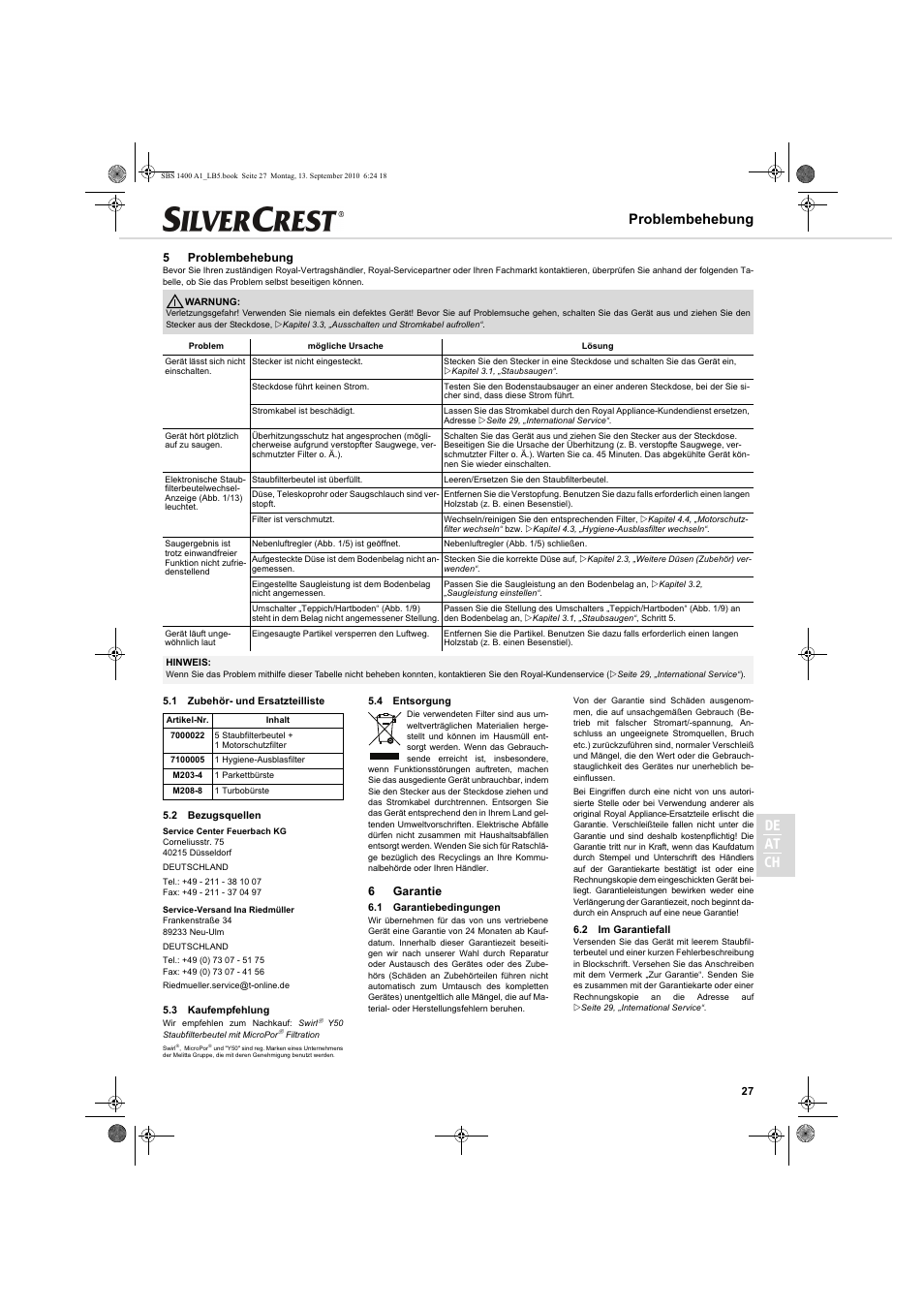 De at ch, Problembehebung, 5problembehebung | 6garantie | Silvercrest SBS 1400 A1 User Manual | Page 27 / 30