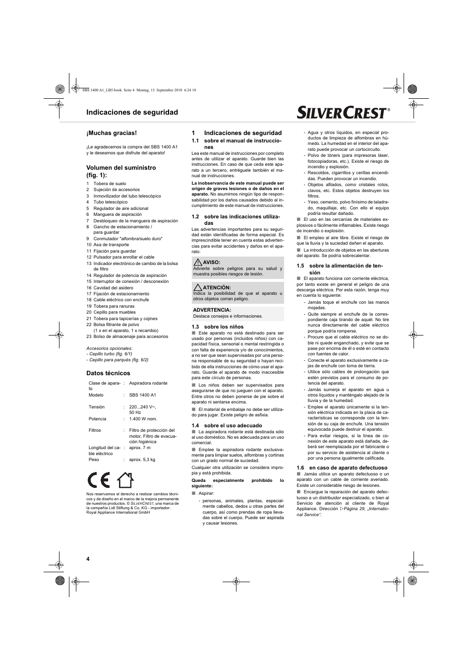 Indicaciones de seguridad, Muchas gracias, Volumen del suministro (fig. 1) | Datos técnicos, 1indicaciones de seguridad | Silvercrest SBS 1400 A1 User Manual | Page 4 / 30