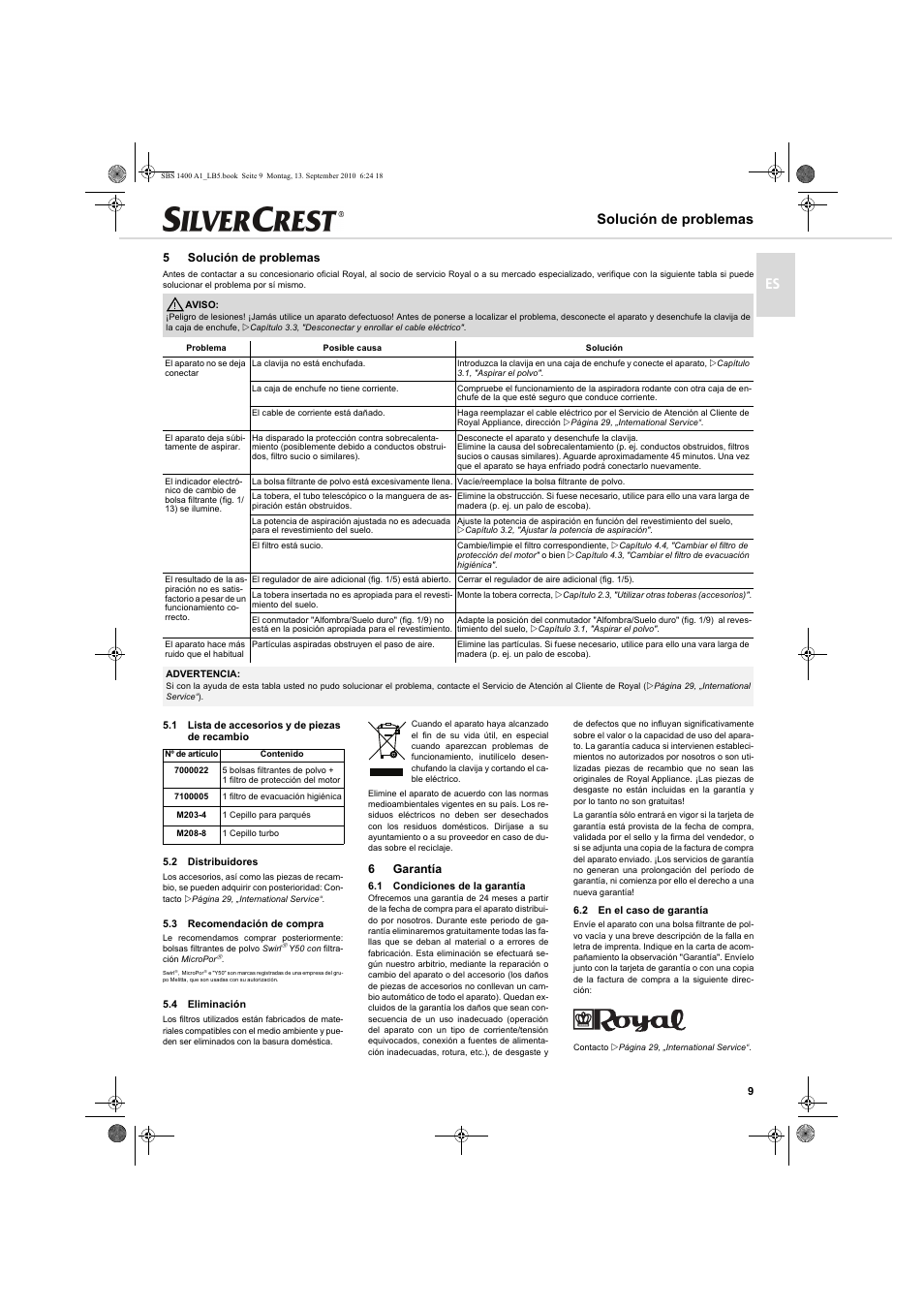 Solución de problemas, 5solución de problemas, 6garantía | Silvercrest SBS 1400 A1 User Manual | Page 9 / 30