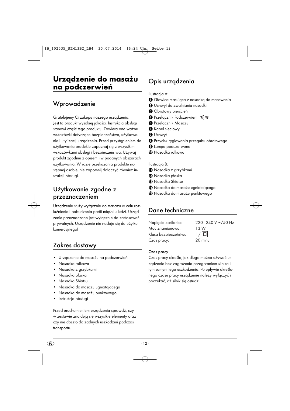 Urządzenie do masażu na podczerwień, Wprowadzenie, Użytkowanie zgodne z przeznaczeniem | Zakres dostawy, Opis urządzenia, Dane techniczne | Silvercrest SIM 13 B2 User Manual | Page 15 / 63