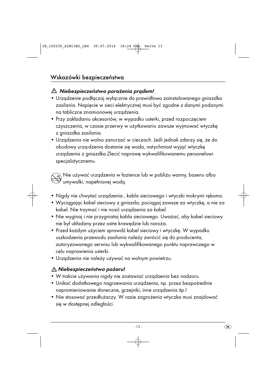 Wskazówki bezpieczeństwa | Silvercrest SIM 13 B2 User Manual | Page 16 / 63