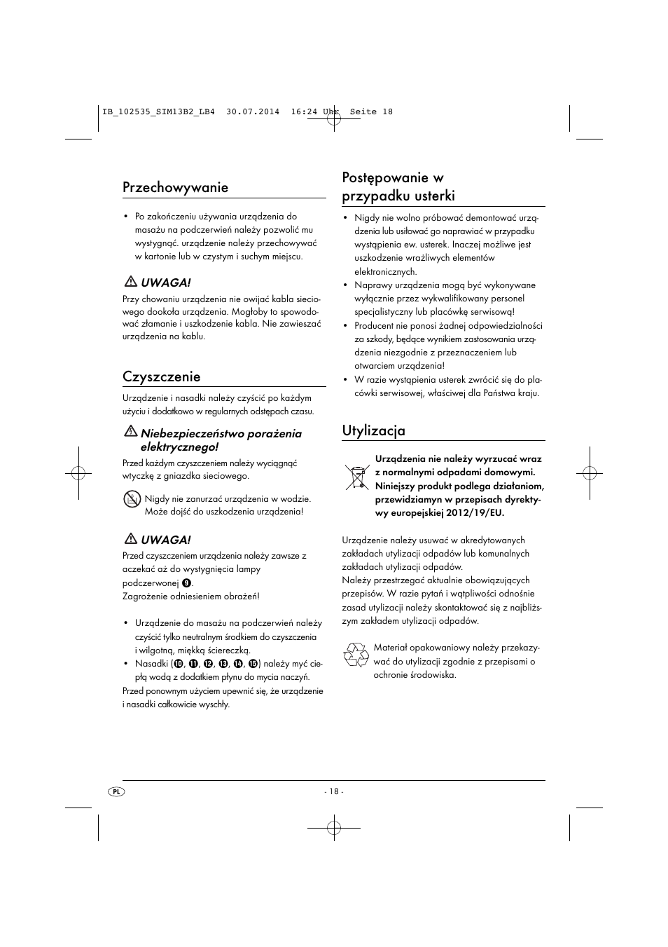 Przechowywanie, Czyszczenie, Postępowanie w przypadku usterki | Utylizacja | Silvercrest SIM 13 B2 User Manual | Page 21 / 63